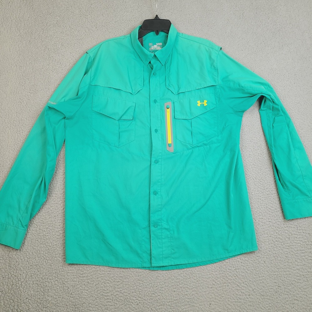 Under Armour Fishing Shirt Mens XL HeatGear Coldblack Teal Green Long Sleeve‎